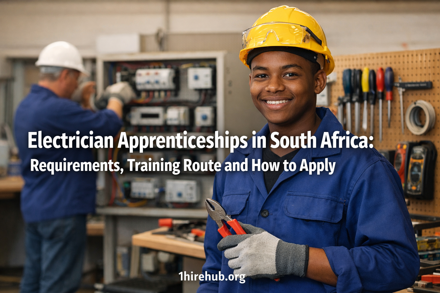 Young electrician apprentice in safety gear working near an electrical training panel in a South African workshop setting.